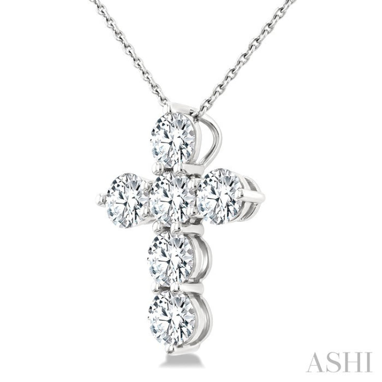 2 Ctw Round Cut Diamond Christian Cross 6-Stone Fashion Pendant With Chain in 14K White Gold