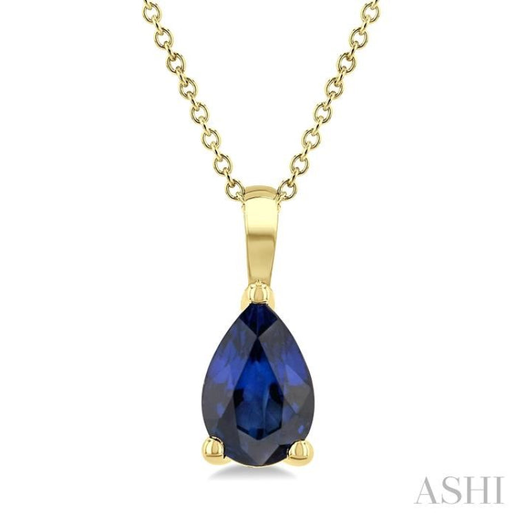 6X4 MM Pear Shape  Sapphire Precious Solitaire Pendant With Chain in 14K Yellow Gold