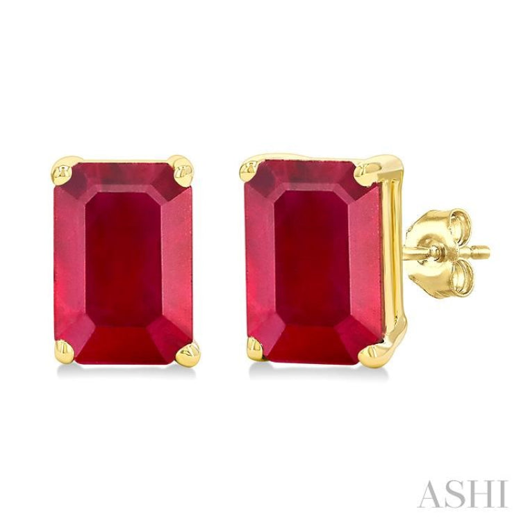 6X4 MM Octagon Shape Ruby Precious Stud Earrings in 14K Yellow Gold