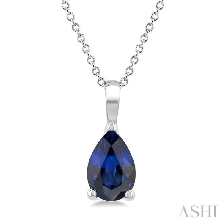 6X4 MM Pear Shape  Sapphire Precious Solitaire Pendant With Chain in 14K White Gold