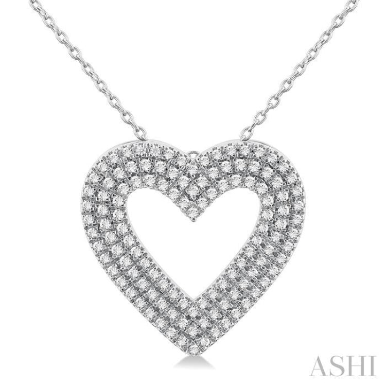 3/8 Ctw Heart Shape Triple Row Round Cut Diamond Fashion Pendant With Chain in 14K White Gold