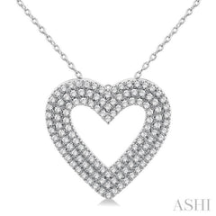 3/8 Ctw Heart Shape Triple Row Round Cut Diamond Fashion Pendant With Chain in 14K White Gold