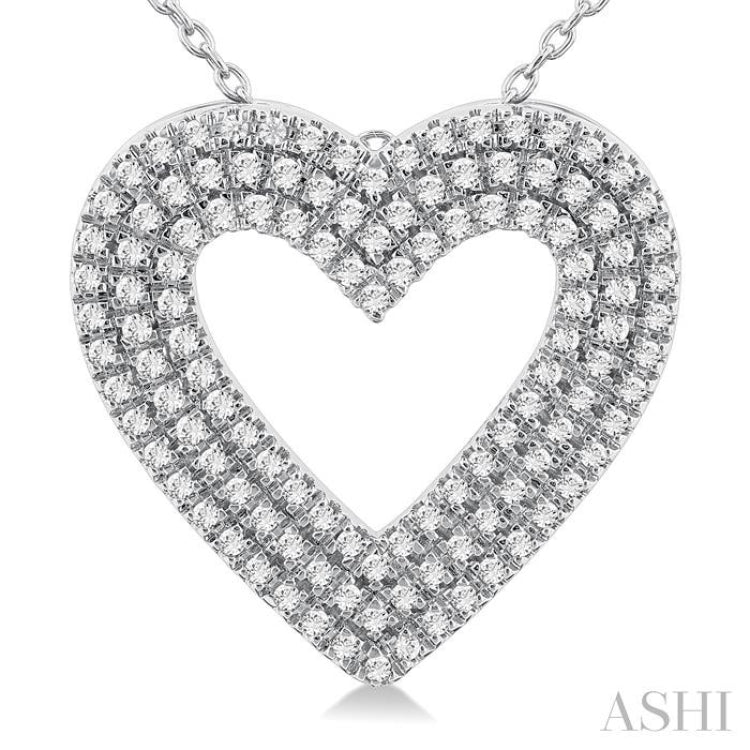 3/8 Ctw Heart Shape Triple Row Round Cut Diamond Fashion Pendant With Chain in 14K White Gold