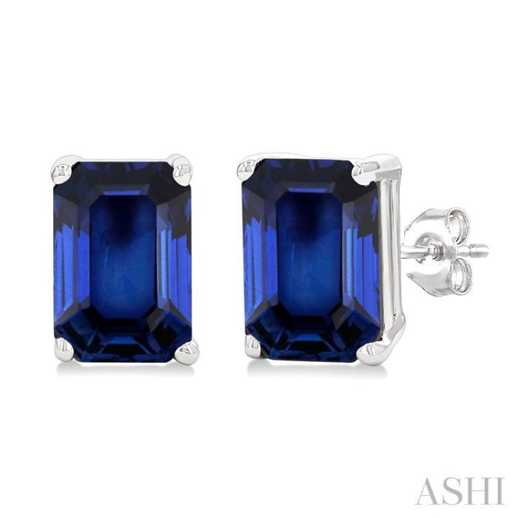 6X4 MM Octagon Shape Sapphire Precious Stud Earrings in 14K White Gold