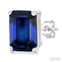 6X4 MM Octagon Shape Sapphire Precious Stud Earrings in 14K White Gold
