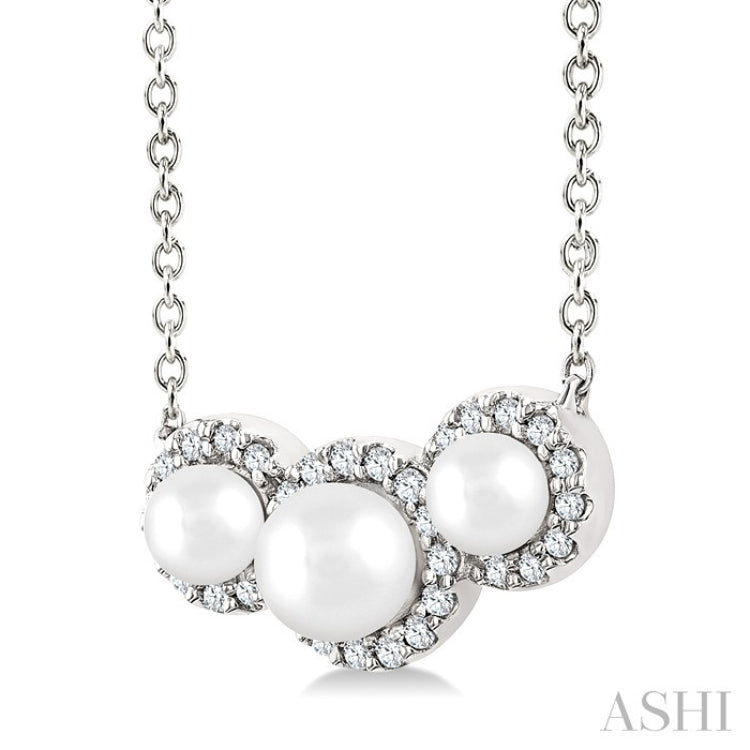 1/8 Ctw Past, Present & Future 4MM & 3MM Cultured Pearl and Round Cut Diamond Halo Pendant With Chain in 14K White Gold