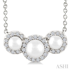 1/8 Ctw Past, Present & Future 4MM & 3MM Cultured Pearl and Round Cut Diamond Halo Pendant With Chain in 14K White Gold