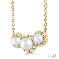 1/8 Ctw Past, Present & Future 4MM & 3MM Cultured Pearl and Round Cut Diamond Halo Pendant With Chain in 14K Yellow Gold