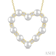 4 MM Round Shape Cultured Pearl and 1/3 Ctw Round Cut Diamond Heart Shape Pendant With Chain in 14K Yellow Gold