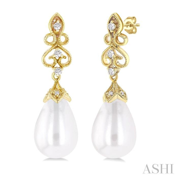 8X6 MM Cultured Pearl and 1/20 Ctw Round Cut Diamond Earrings in 10K Yellow Gold