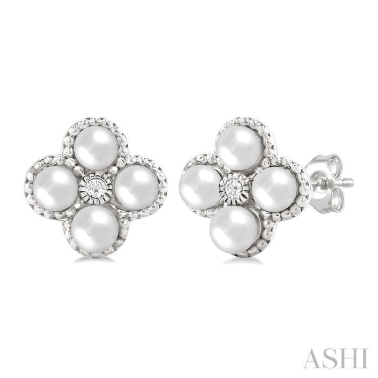 3 MM Clover Cultured Pearl and 1/50 Ctw Round Cut Diamond Fashion Earrings in 10K White Gold