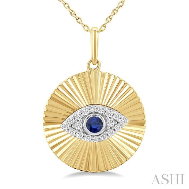 1/8 Ctw Fluted Evil Eye 2.5MM Sapphire and Round Cut Diamond Precious Fashion Pendant in 14K Yellow and White Gold