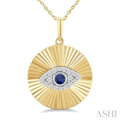1/8 Ctw Fluted Evil Eye 2.5MM Sapphire and Round Cut Diamond Precious Fashion Pendant in 14K Yellow and White Gold