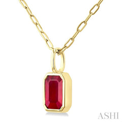 6x4 MM Bezel Set Emerald Cut Ruby Precious Fashion Pendant With Paperclip Chain in 14K Yellow Gold