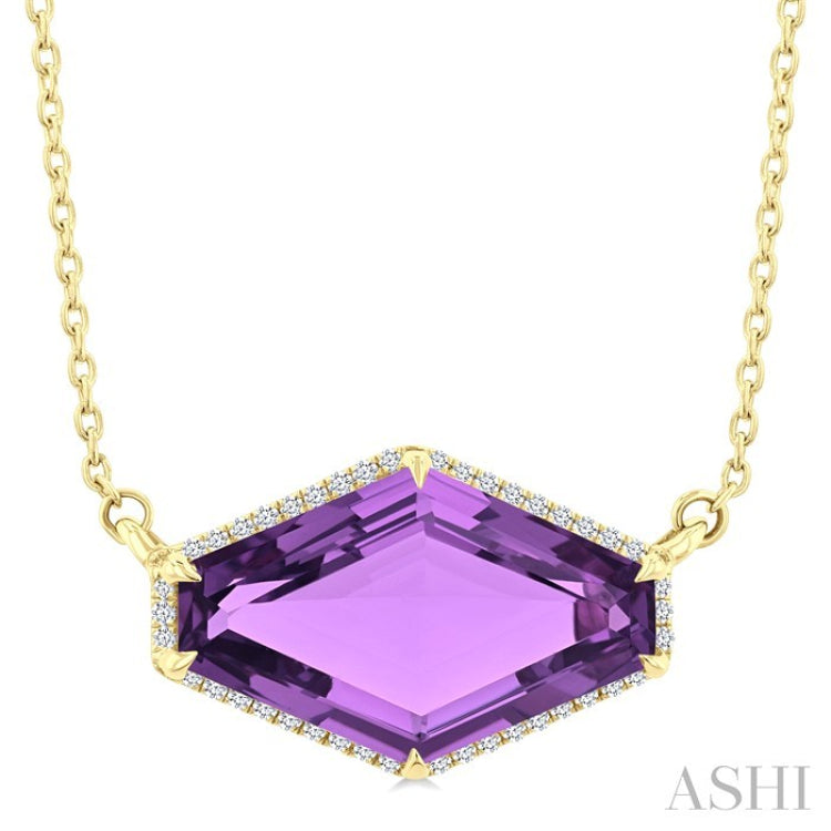 16X10 MM Evoque Gemstones Hexagon Shape Amethyst and 1/10 Ctw Round Cut Diamond Halo Semi-Precious Pendant With Chain in 14K Yellow Gold