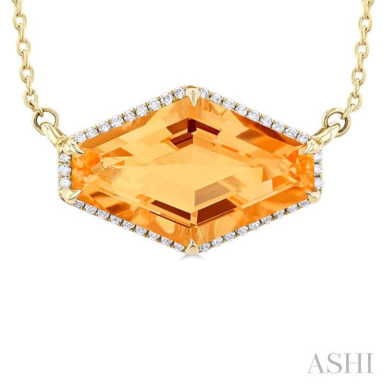 16x10 MM Hexagon Shape Citrine and 1/10 Ctw Round Cut Diamond Halo Semi-Precious Pendant With Chain in 14K Yellow Gold
