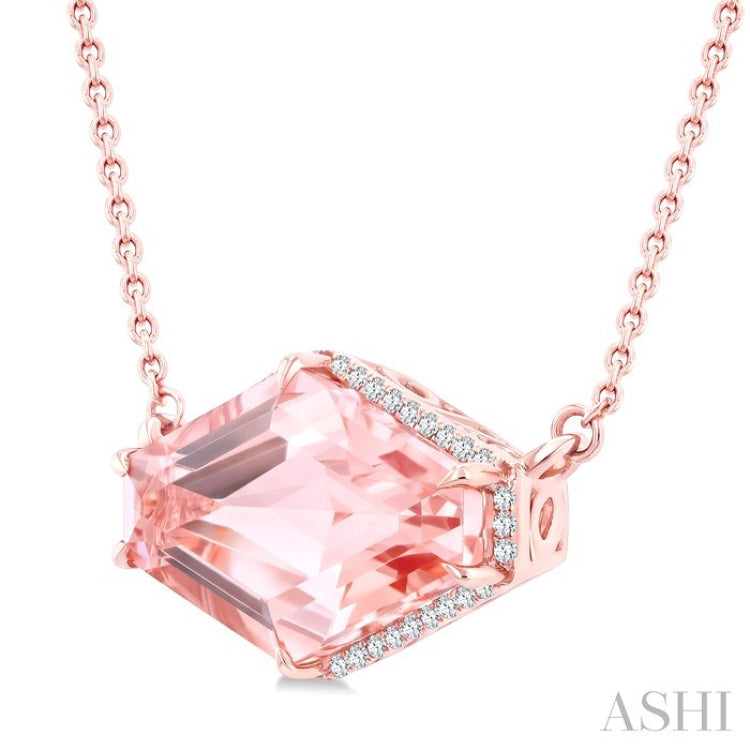 16X10 MM Evoque Gemstones Hexagon Shape Morganite and 1/10 Ctw Round Cut Diamond Halo Semi-Precious Pendant With Chain in 14K Rose Gold