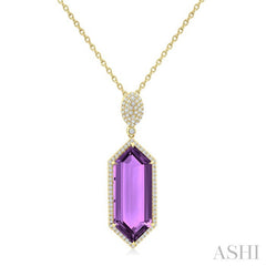 26X10 MM Evoque Gemstones Hexagon Shape Amethyst and 1/2 Ctw Round Cut Diamond Halo Semi-Precious Pendant With Chain in 14K Yellow Gold