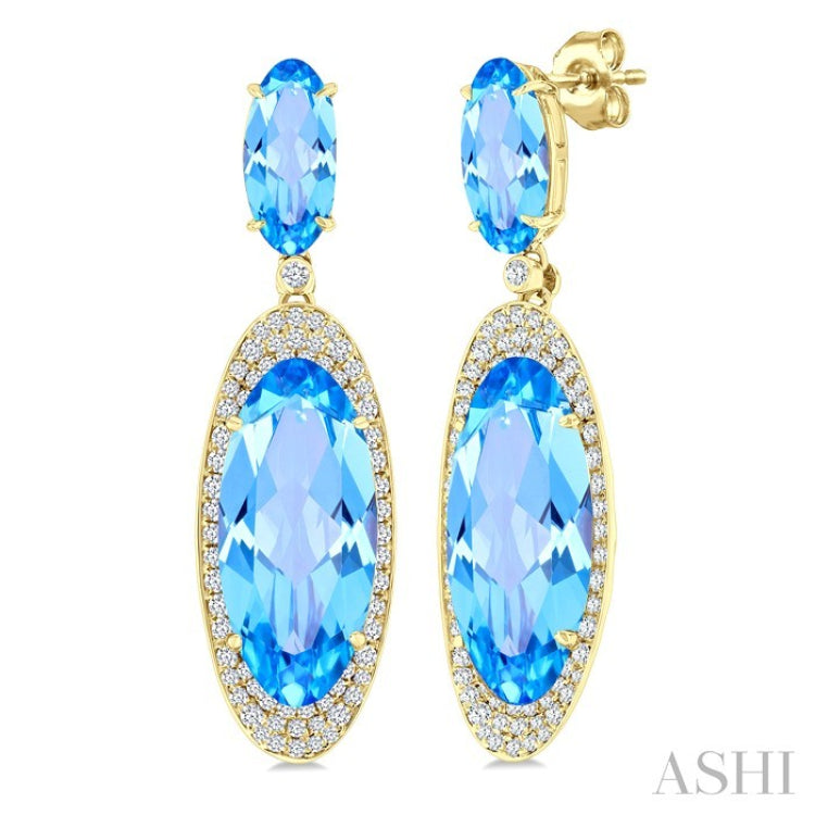 18X8 MM Evoque Gemstones & 10x5 MM Oval Shape Blue Topaz and 3/4 Ctw Round Cut Diamond Halo Semi-Precious Earrings in 14K Yellow Gold