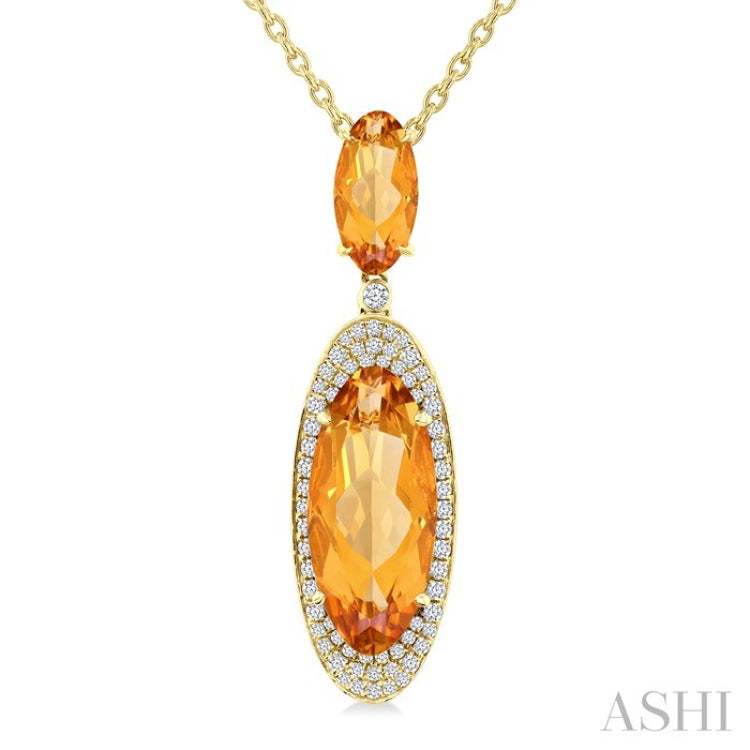18X8 MM Evoque Gemstone & 10x5 MM Oval Shape Citrine and 1/3 Ctw Round Cut Diamond Halo Semi-Precious Pendant With Chain in 14K Yellow Gold