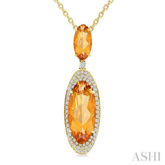 18X8 MM Evoque Gemstone & 10x5 MM Oval Shape Citrine and 1/3 Ctw Round Cut Diamond Halo Semi-Precious Pendant With Chain in 14K Yellow Gold