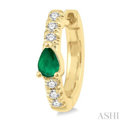 4X3 MM Pear Cut Emerald and 1/10 Ctw Single Cut Diamond Petite Huggie Earrings in 10K Yellow Gold