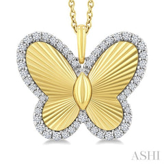 1/4 Ctw Fluted Texture Butterfly Round Cut Diamond Pirouette Fashion Pendant With Chain in 14K Yellow and White Gold