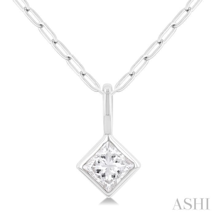 1/5 Ctw Princess Cut Bezel Set Diamond Fashion Pendant with Paperclip Chain in 10K White Gold