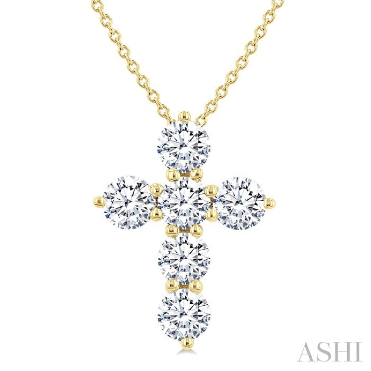 1 1/2 Ctw Round Cut Diamond Christian Cross 6-Stone Fashion Pendant With Chain in 14K Yellow Gold
