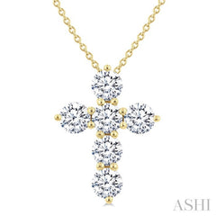 1 1/2 Ctw Round Cut Diamond Christian Cross 6-Stone Fashion Pendant With Chain in 14K Yellow Gold