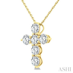 1 1/2 Ctw Round Cut Diamond Christian Cross 6-Stone Fashion Pendant With Chain in 14K Yellow Gold