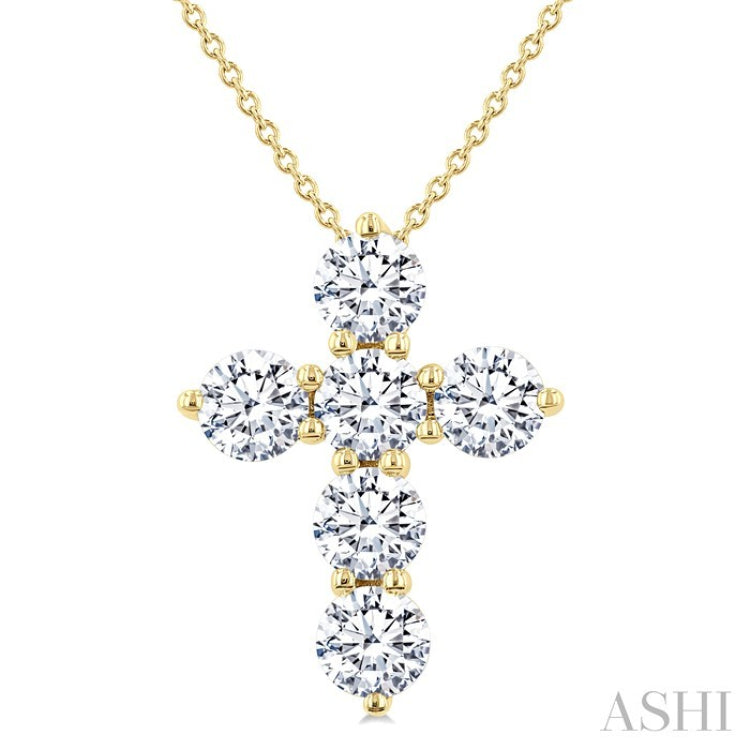 2 Ctw Round Cut Diamond Christian Cross 6-Stone Fashion Pendant With Chain in 14K Yellow Gold