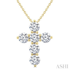 2 Ctw Round Cut Diamond Christian Cross 6-Stone Fashion Pendant With Chain in 14K Yellow Gold