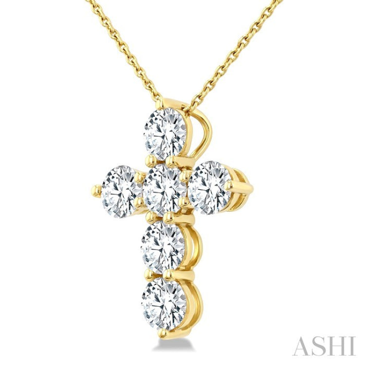 2 Ctw Round Cut Diamond Christian Cross 6-Stone Fashion Pendant With Chain in 14K Yellow Gold