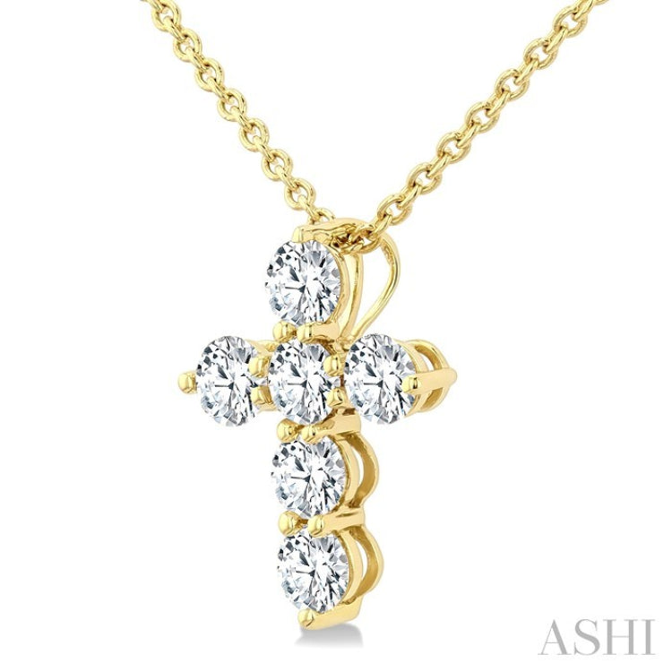 1/3 Ctw Round Cut Diamond Christian Cross 6-Stone Fashion Pendant With Chain in 14K Yellow Gold