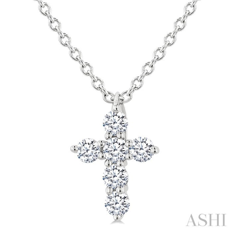 1/6 Ctw Round Cut Diamond Christian Cross 6-Stone Fashion Pendant With Chain in 14K White Gold