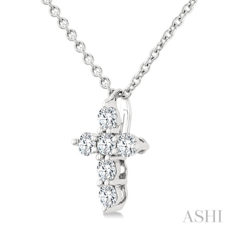 1/6 Ctw Round Cut Diamond Christian Cross 6-Stone Fashion Pendant With Chain in 14K White Gold