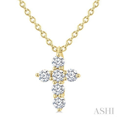 1/6 Ctw Round Cut Diamond Christian Cross 6-Stone Fashion Pendant With Chain in 14K Yellow Gold