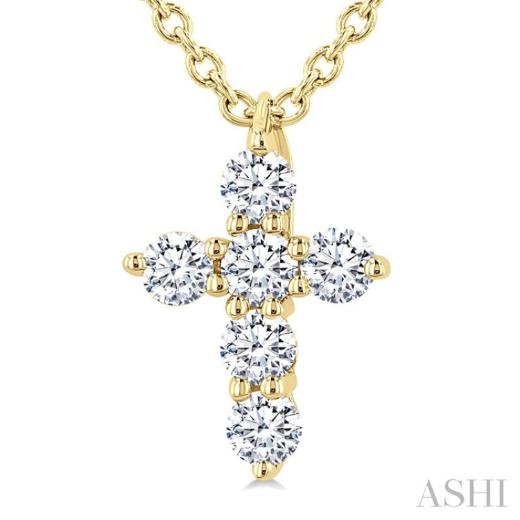 1/6 Ctw Round Cut Diamond Christian Cross 6-Stone Fashion Pendant With Chain in 14K Yellow Gold