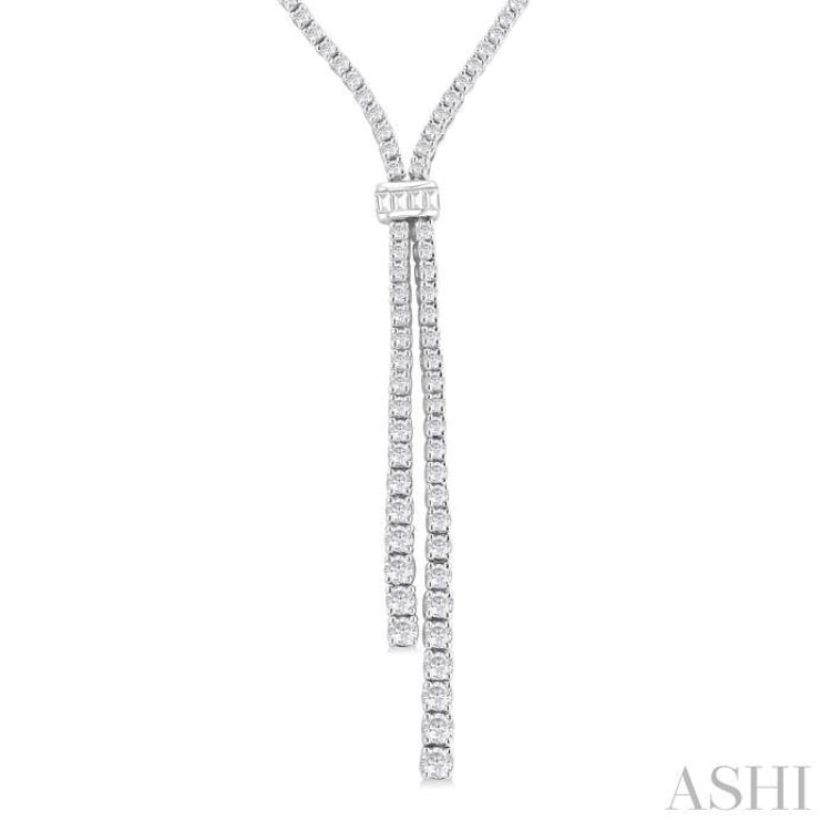 3 Ctw Split Y-Shape Baguette and Round Cut Diamond Lariat Necklace in 14K White Gold