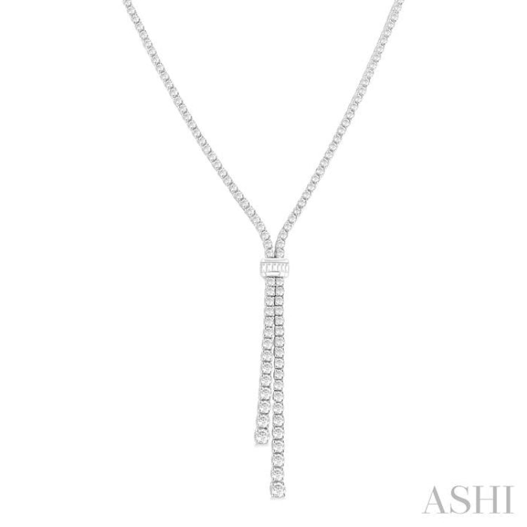 5 Ctw Split Y-Shape Baguette and Round Cut Diamond Lariat Necklace in 14K White Gold