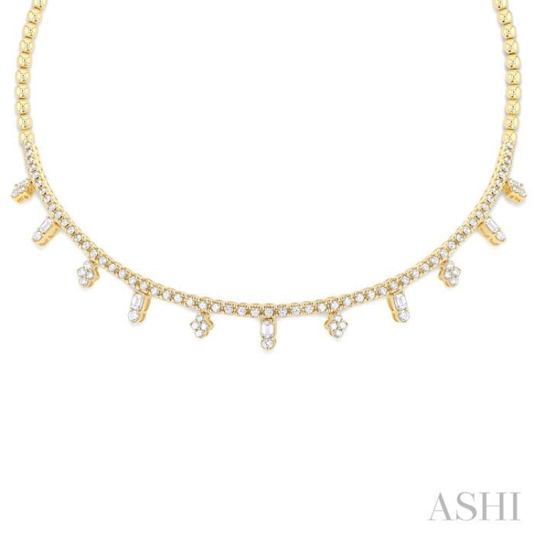 2 1/2 Ctw Geometric Dangle Accent Emerald and Round Cut Diamond Bead Bijoux Choker Necklace in 14K Yellow Gold