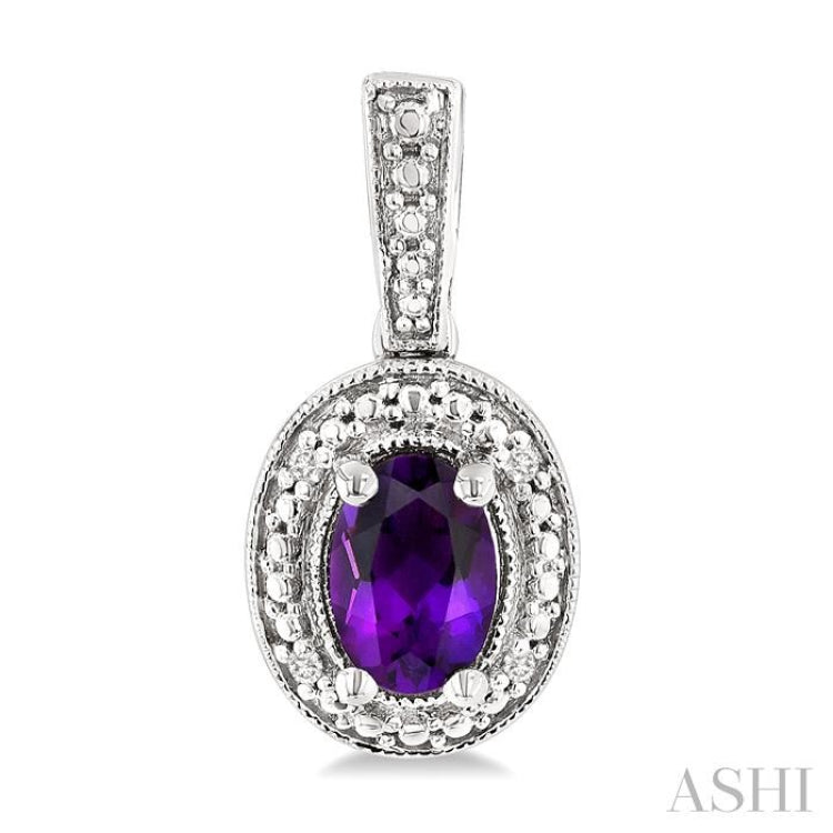 6X4 MM Oval Shape Amethyst and 1/50 Ctw Single Cut Diamond Semi-Precious Earrings in Sterling Silver