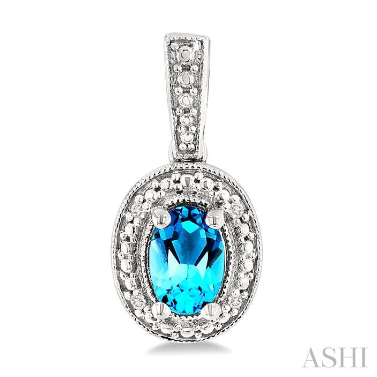 6X4 MM Oval Shape Blue Topaz  and 1/50 Ctw Single Cut Diamond Semi-Precious Earrings in Sterling Silver